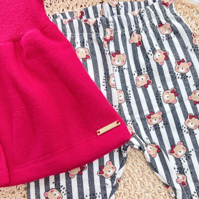 Conj. Casaco em Fleece com Capuz e Legging Listrada Ursinhas - Vermelho